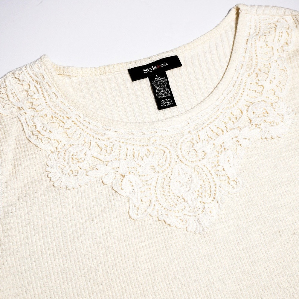 Style & Co Romantic Lace Waffle Knit‎ Cream Tunic 0X L Coquette Shabby Chic - Picture 4 of 8